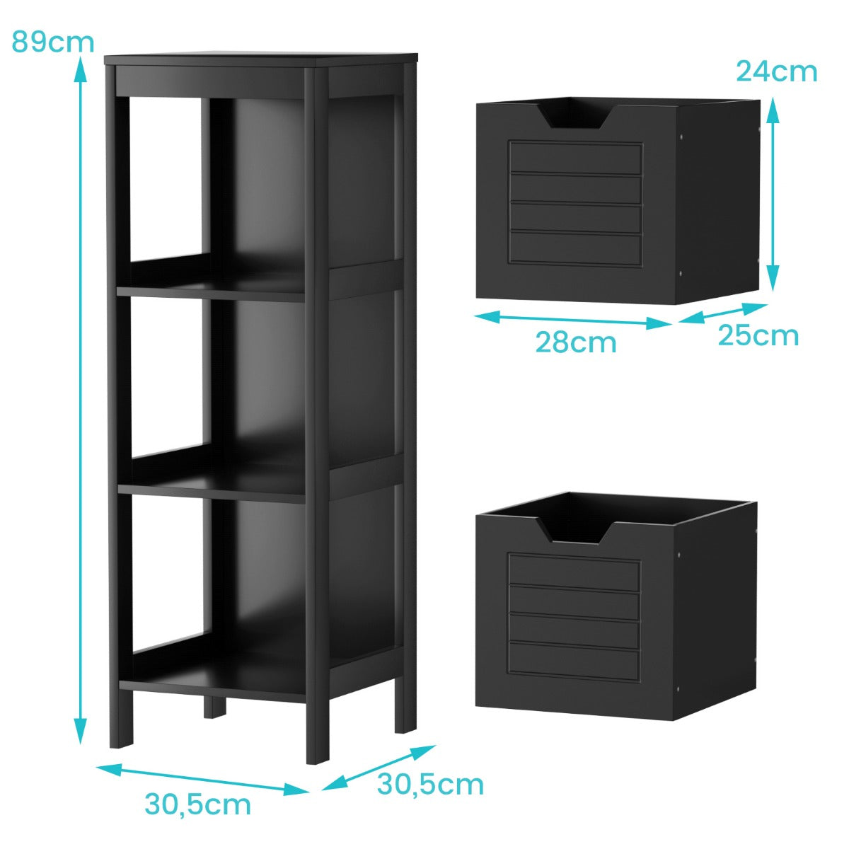 LIVSK Badkamerkast met 2 Laden - Modern Design - Drie Niveaus - Hoogwaardige MDF - Eenvoudige Montage - 30 x 30 x 89 cm - Zwart
