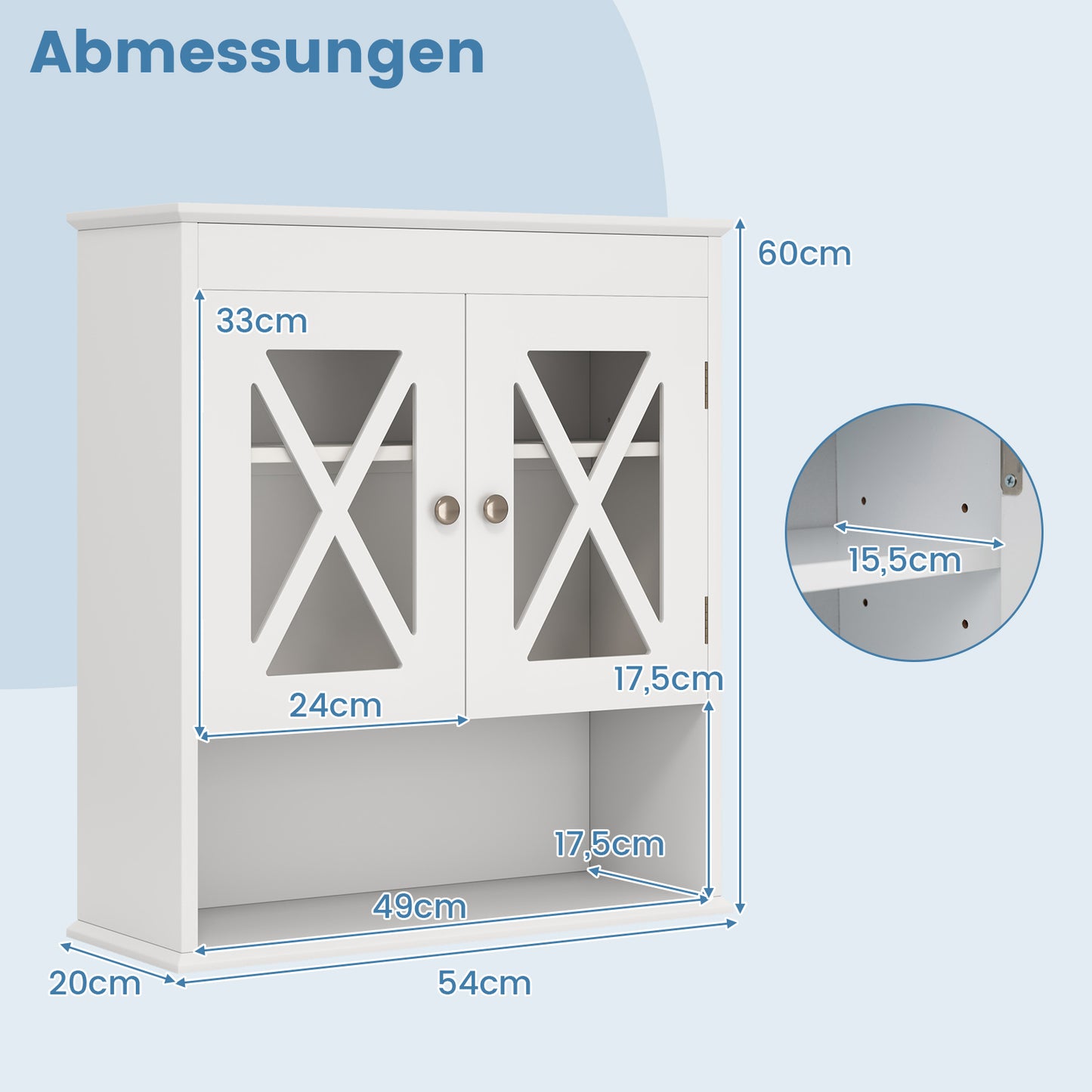 LIVSK Wandgemonteerde Badkamerkast - 2 Deuren en Open Vak - Verstelbare Plank - Ruimtebesparend - 54 x 20 x 60 cm - Wit