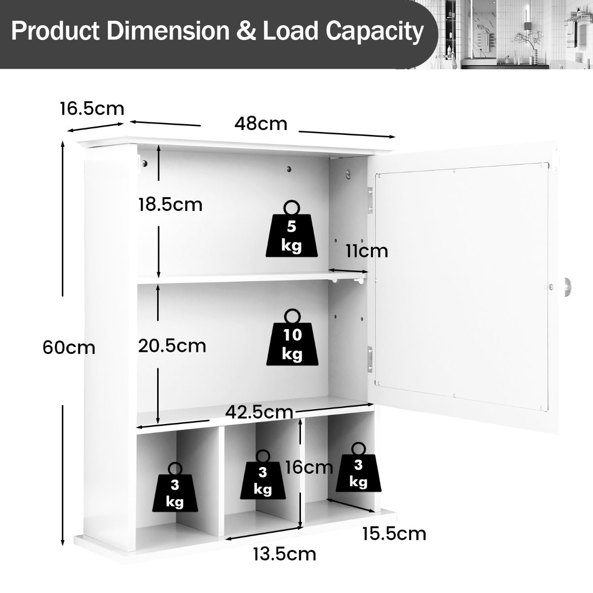 LIVSK Badkamer Hangkast met Spiegeldeur - Verstelbare Plank - Waterdicht - Ruimtebesparend - 48 x 16,5 x 60 cm - Wit