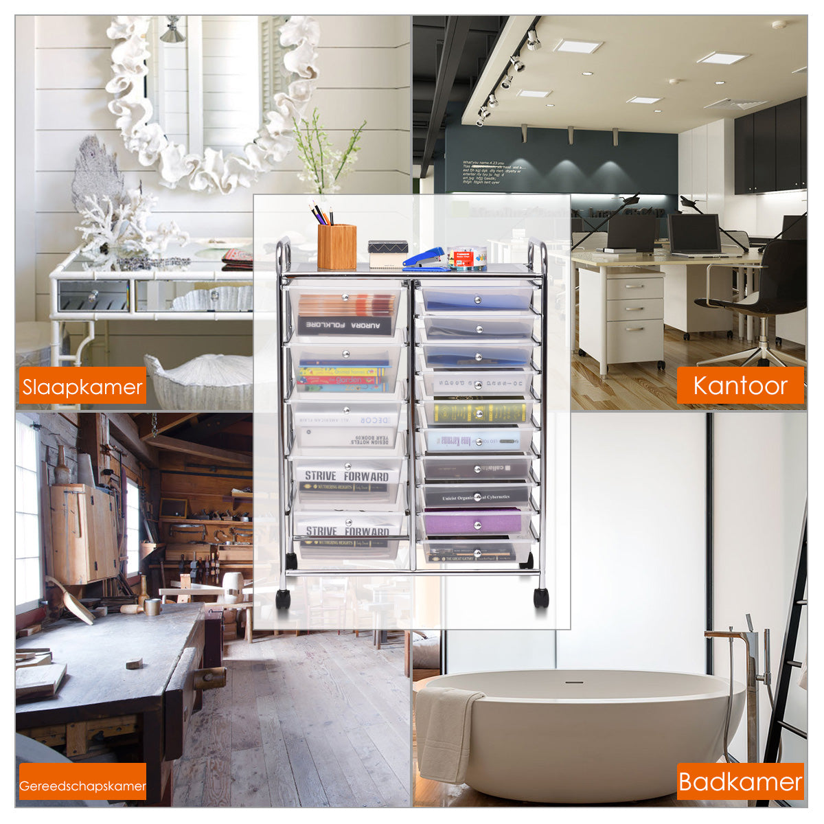 LIVSK Badkamertrolley - 15 Kunststof Lades - Verrijdbaar met 4 Wielen - Geperforeerde Plank - 63 x 37 x 87 cm - Zwart