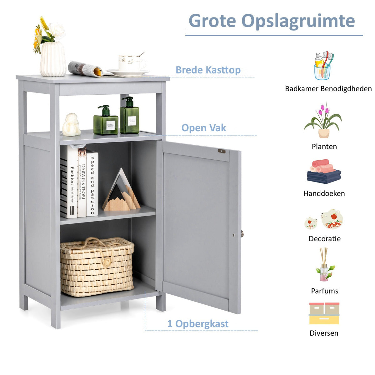 Livsk costway badkamer vloer opbergkast multifunctionele vrijstaande rek met enkele deur en regelbare plank grijs 5