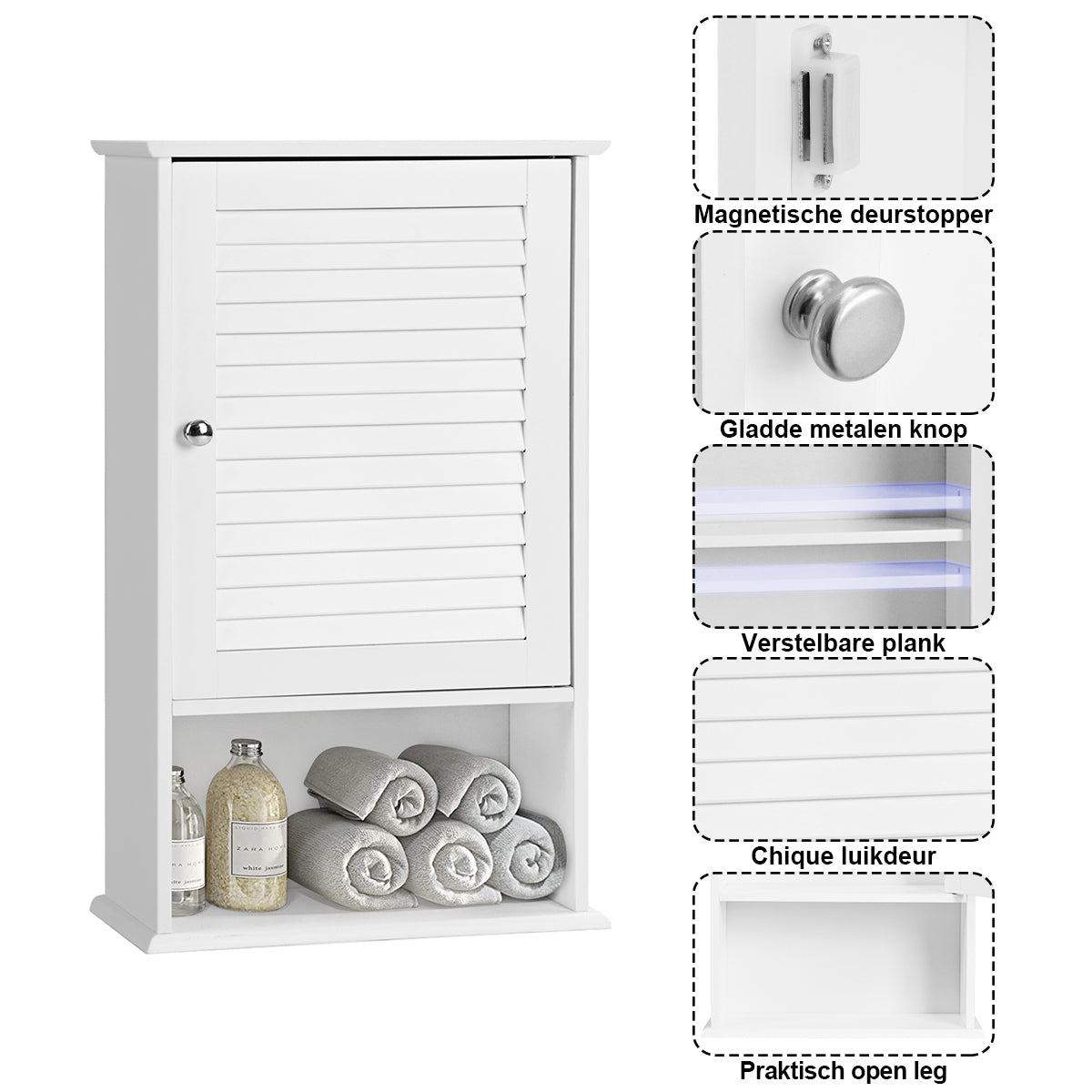 LIVSK Wandgemonteerde Badkamer Opbergkast - 2 Verstelbare Planken - Ruimtebesparend - MDF - 42 x 16,5 x 70 cm - Wit