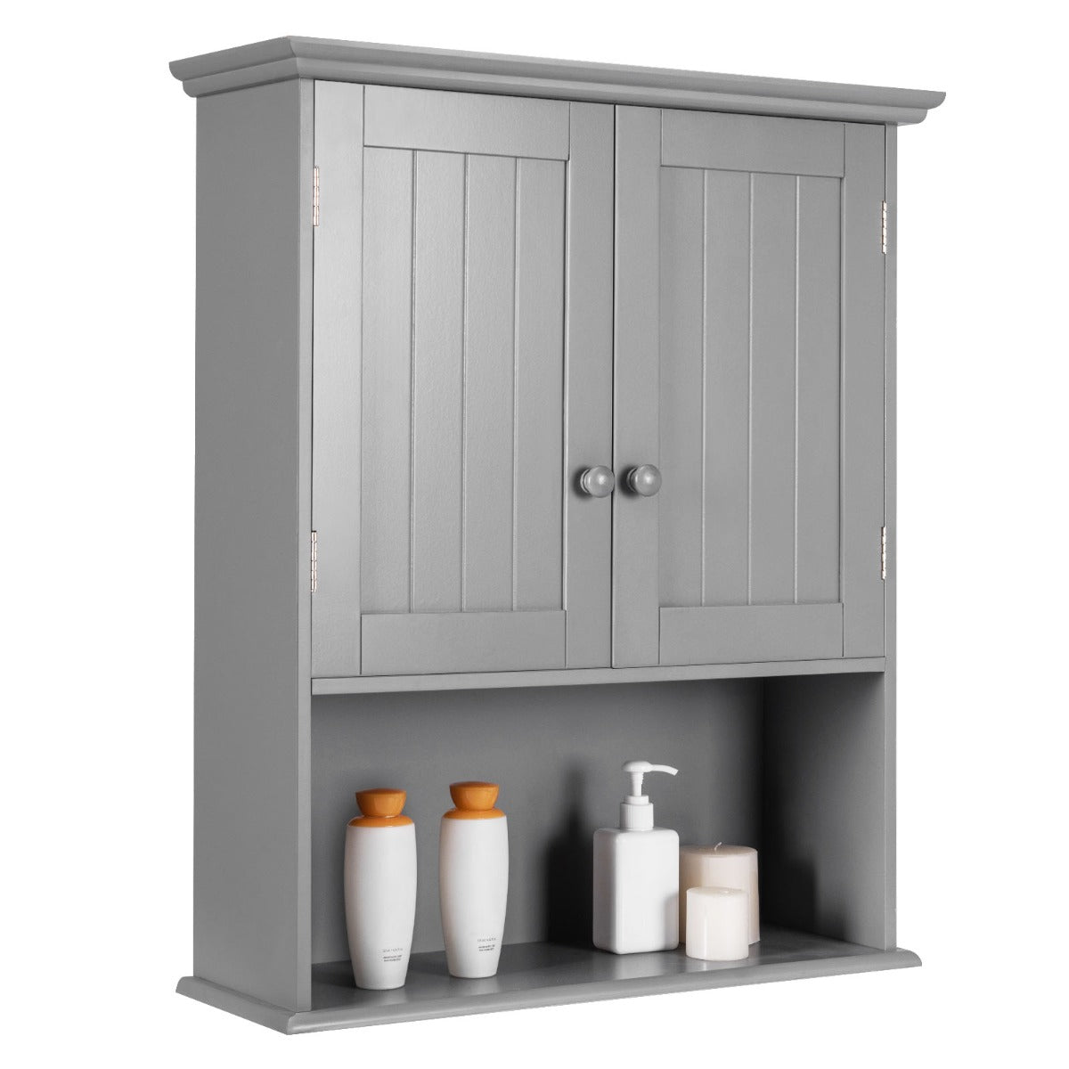 Livsk costway badkamer wandkast houten hangend kast met deuren planken multifunctioneel opberg kast voor badkamer keuken slaapkamer grijs 1 1