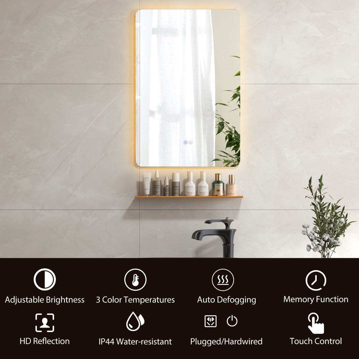 LIVSK LED Wandspiegel met Planchet - Traploos Dimbaar - 3 Lichtkleuren - Automatische Ontwaseming - 70 x 50 x 3,5 cm - Zilver +