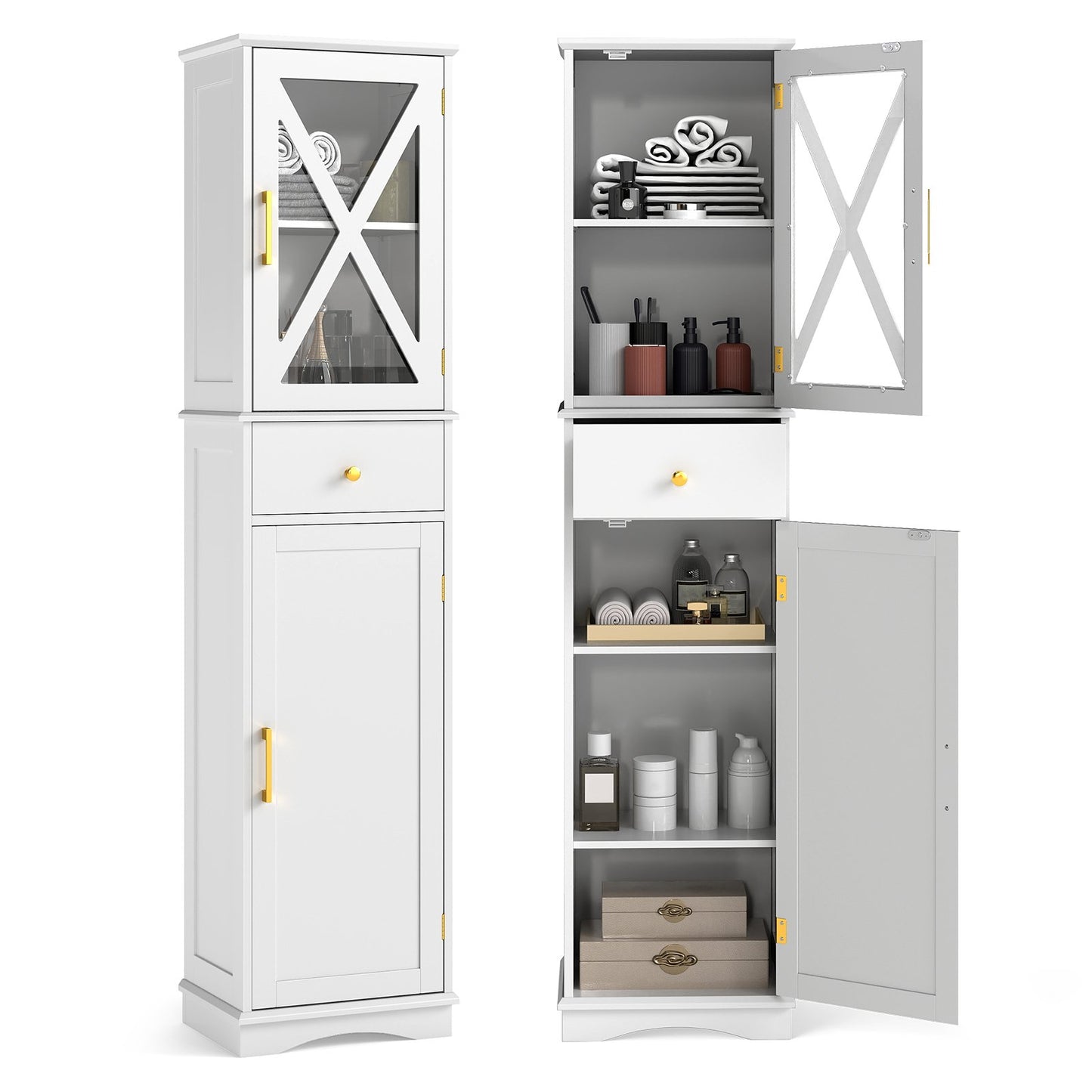 LIVSK Hoge Badkamerkast met Glazen Deur - 1 Lade - 2 Deuren - 3 Verstelbare Planken - 40 x 30 x 168 cm - Wit