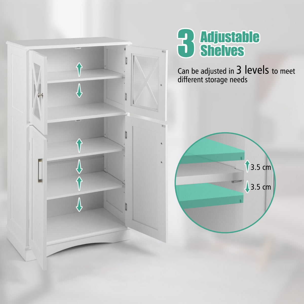 LIVSK Opbergkast met 5 Niveaus - Verstelbare Planken - Glazen Deuren - Inclusief Anti-Kantelbeugels - 60 x 30 x 108 cm - Wit