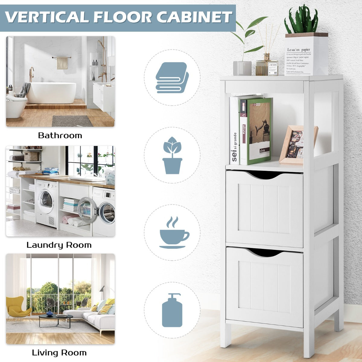 LIVSK Vloerkast - 4 Niveaus - 2 Uitneembare Lades - Anti-Kantelmechanisme - Duurzaam MDF - 30 x 30 x 89 cm - Wit