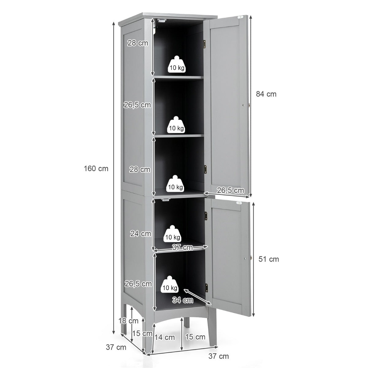 LIVSK Hoge Badkamerkast - 5 Planken met 2 Deuren - Waterdicht MDF - Verhoogde Poten - Modern Design - Grijs