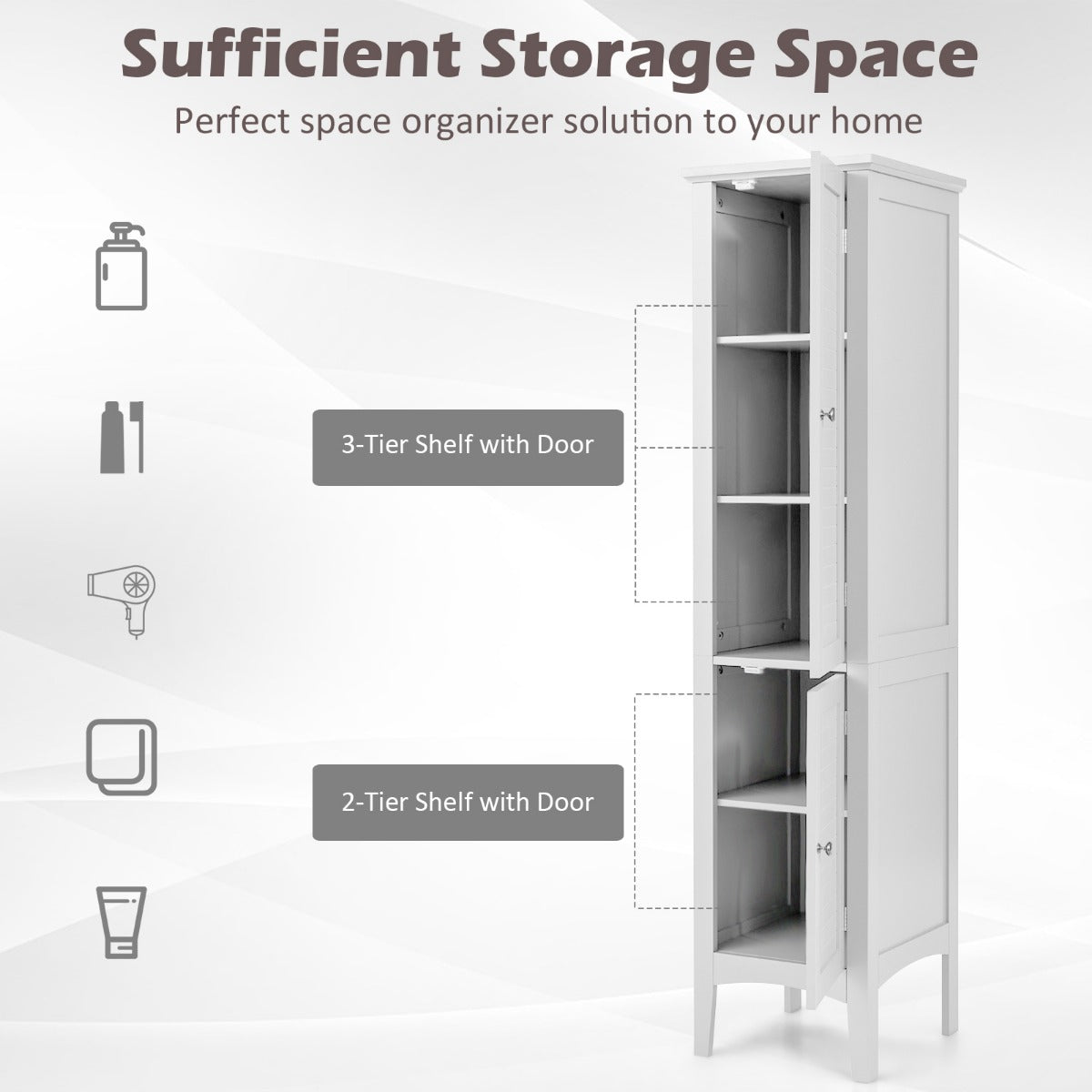 LIVSK Hoge Badkamerkast - 5 Planken met Lamellendeuren - Waterdicht MDF - Verhoogde Poten - 37 x 37 x 160 cm - Wit
