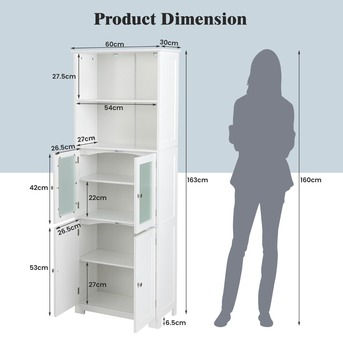 LIVSK Badkamerkast - 6 Niveaus met Verstelbare Planken - Hoogwaardig MDF - Veilig en Elegant - 60 x 30 x 163 cm - Wit