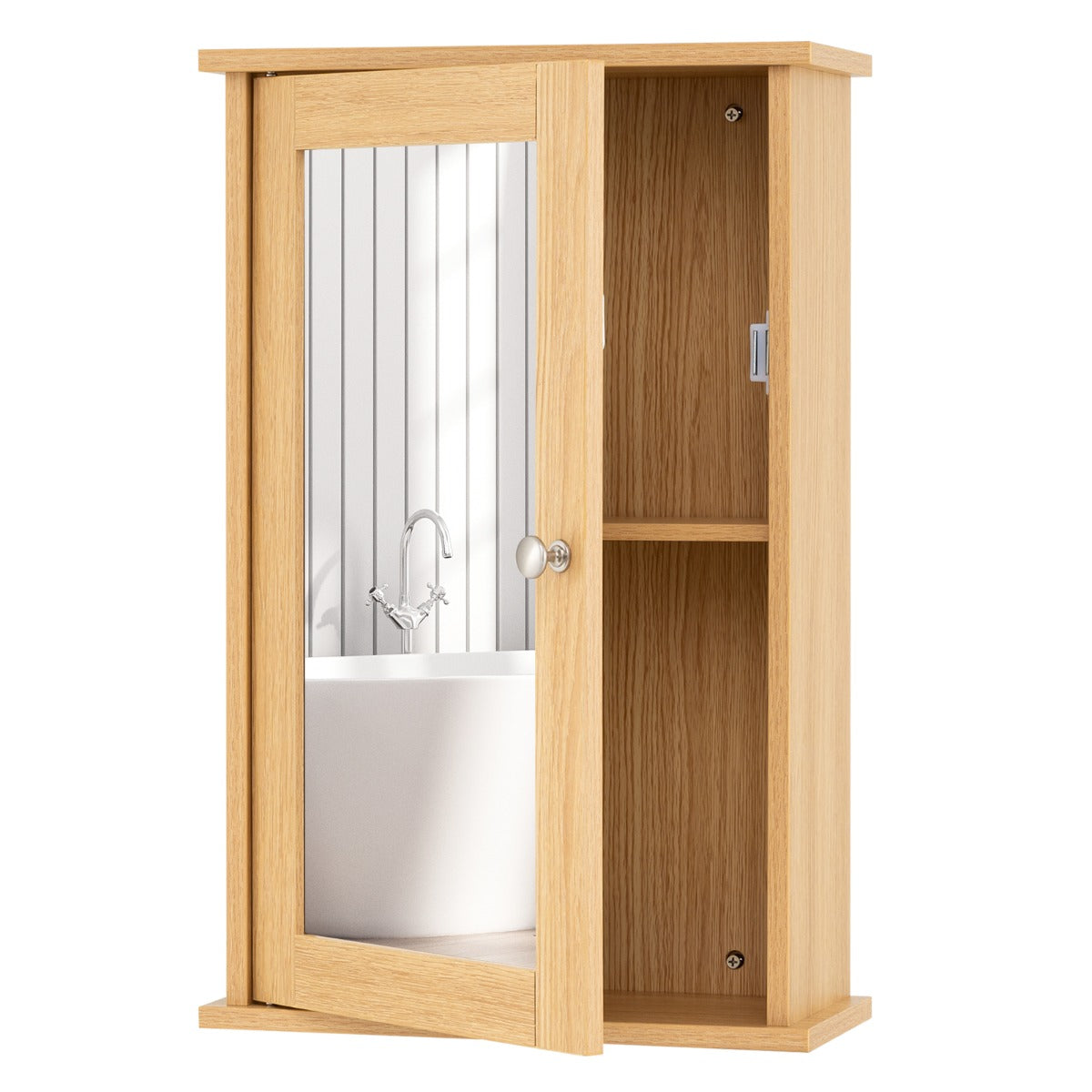Livsk costway badkamerkast met spiegel multifunctionele wandkast met omkeerbare deur voor badkamers naturel 1 1