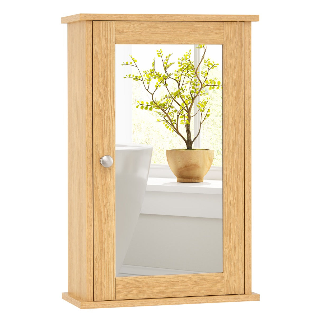 Livsk costway badkamerkast met spiegel multifunctionele wandkast met omkeerbare deur voor badkamers naturel