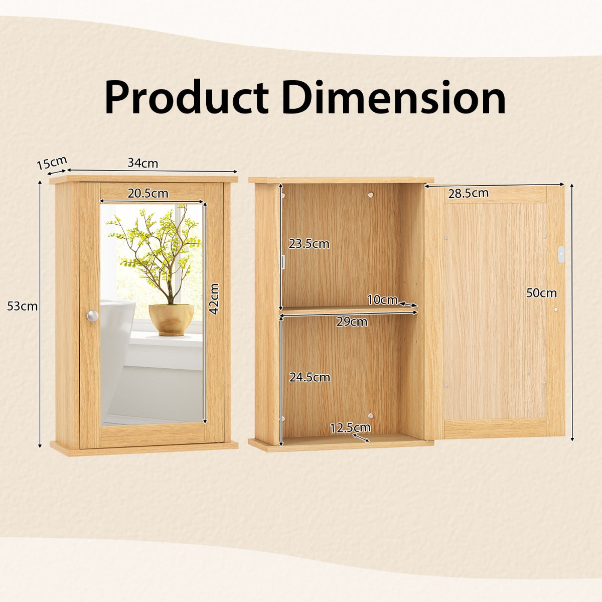 Livsk costway badkamerkast met spiegel multifunctionele wandkast met omkeerbare deur voor badkamers naturel 3