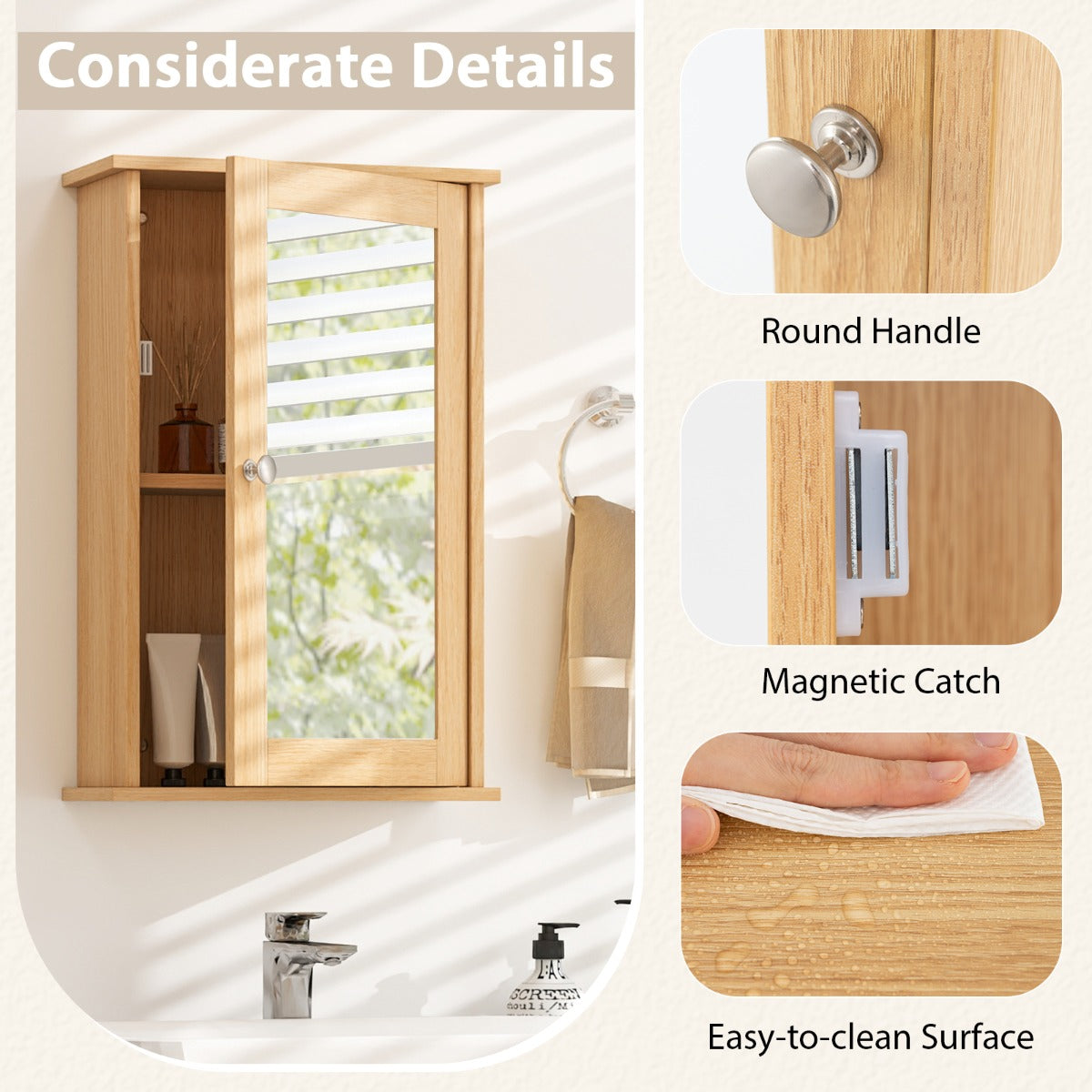 Livsk costway badkamerkast met spiegel multifunctionele wandkast met omkeerbare deur voor badkamers naturel 5