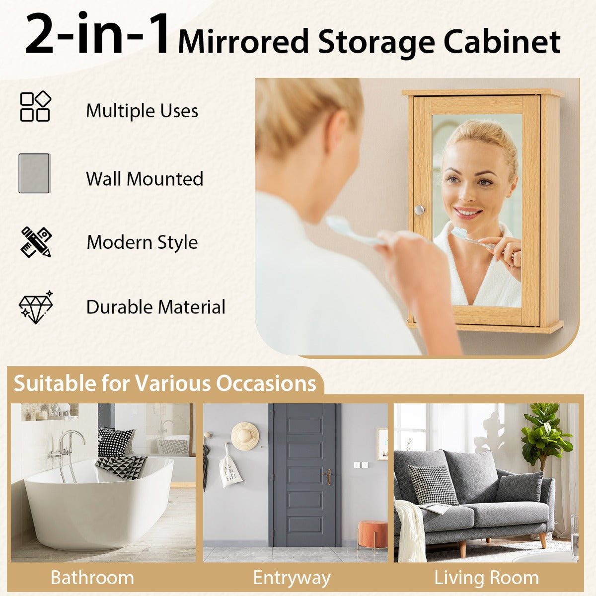 Livsk costway badkamerkast met spiegel multifunctionele wandkast met omkeerbare deur voor badkamers naturel 6