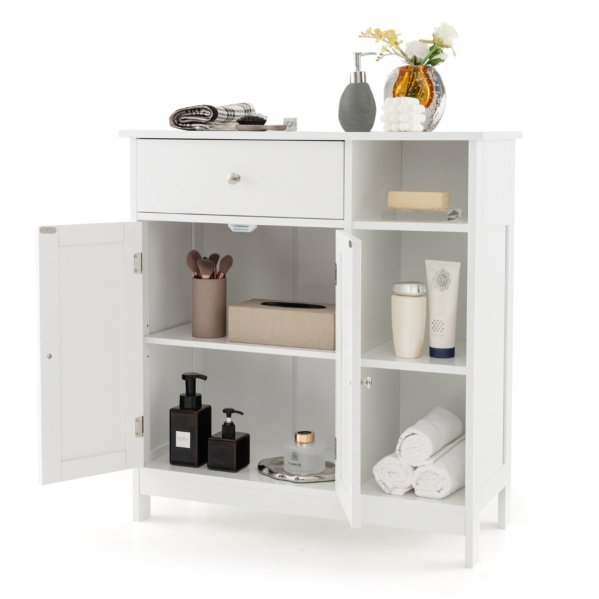 LIVSK Badkamerkast - Verstelbare Plank - Grote Lade en 3 Open Vakken - Veiligheid met Kantelbeveiliging - 75 x 30 x 80 cm - Wit