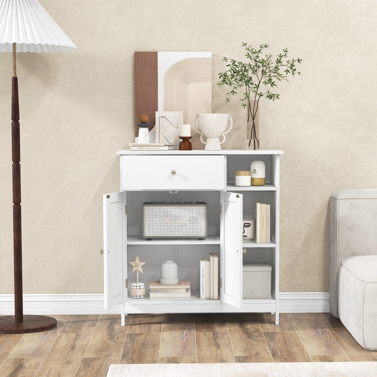 LIVSK Badkamerkast - Verstelbare Plank - Grote Lade en 3 Open Vakken - Veiligheid met Kantelbeveiliging - 75 x 30 x 80 cm - Wit