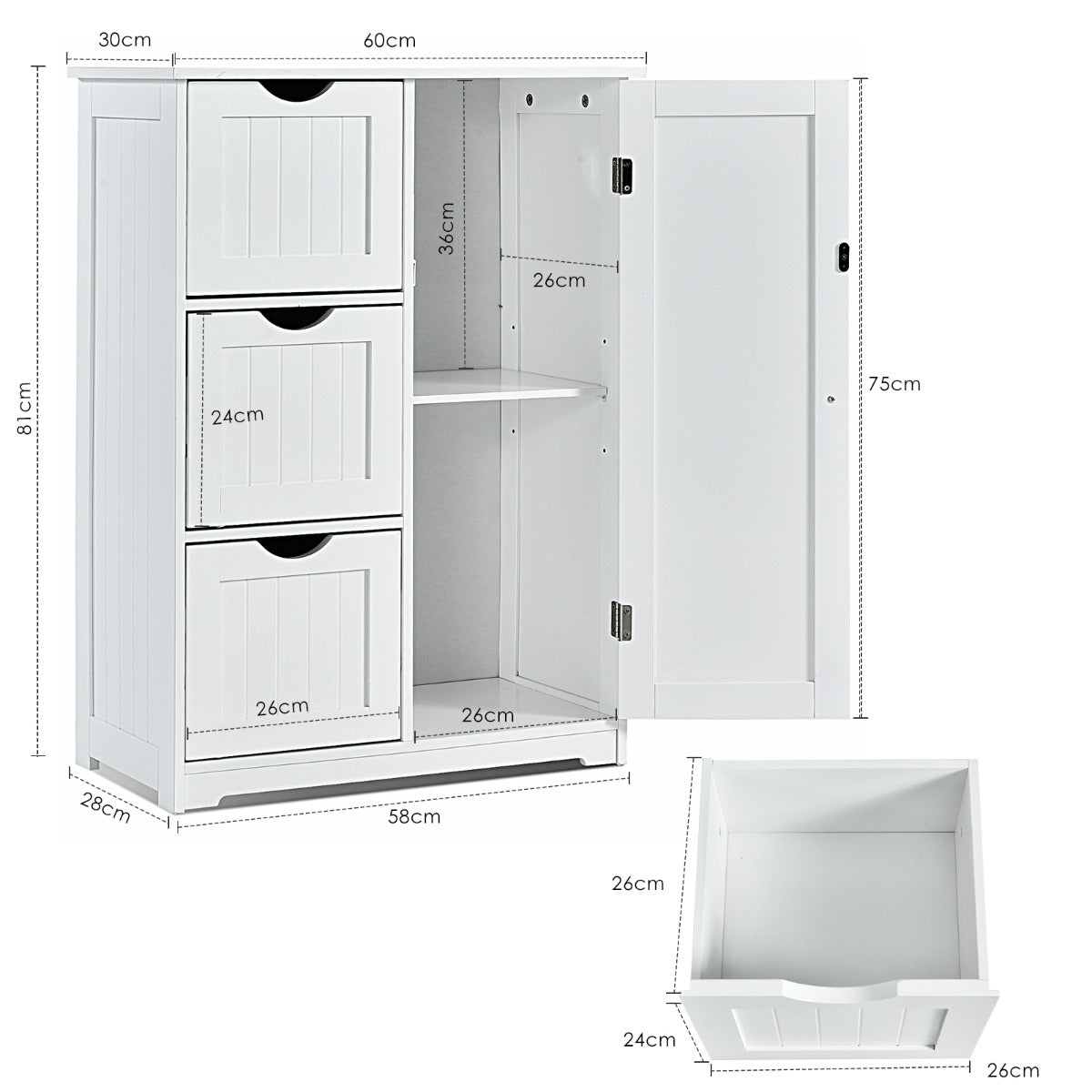 LIVSK Opbergkast met 3 Lades - Verstelbare Plank - Stevig MDF - Magnetische Sluiting - 60 x 30 x 81 cm - Wit
