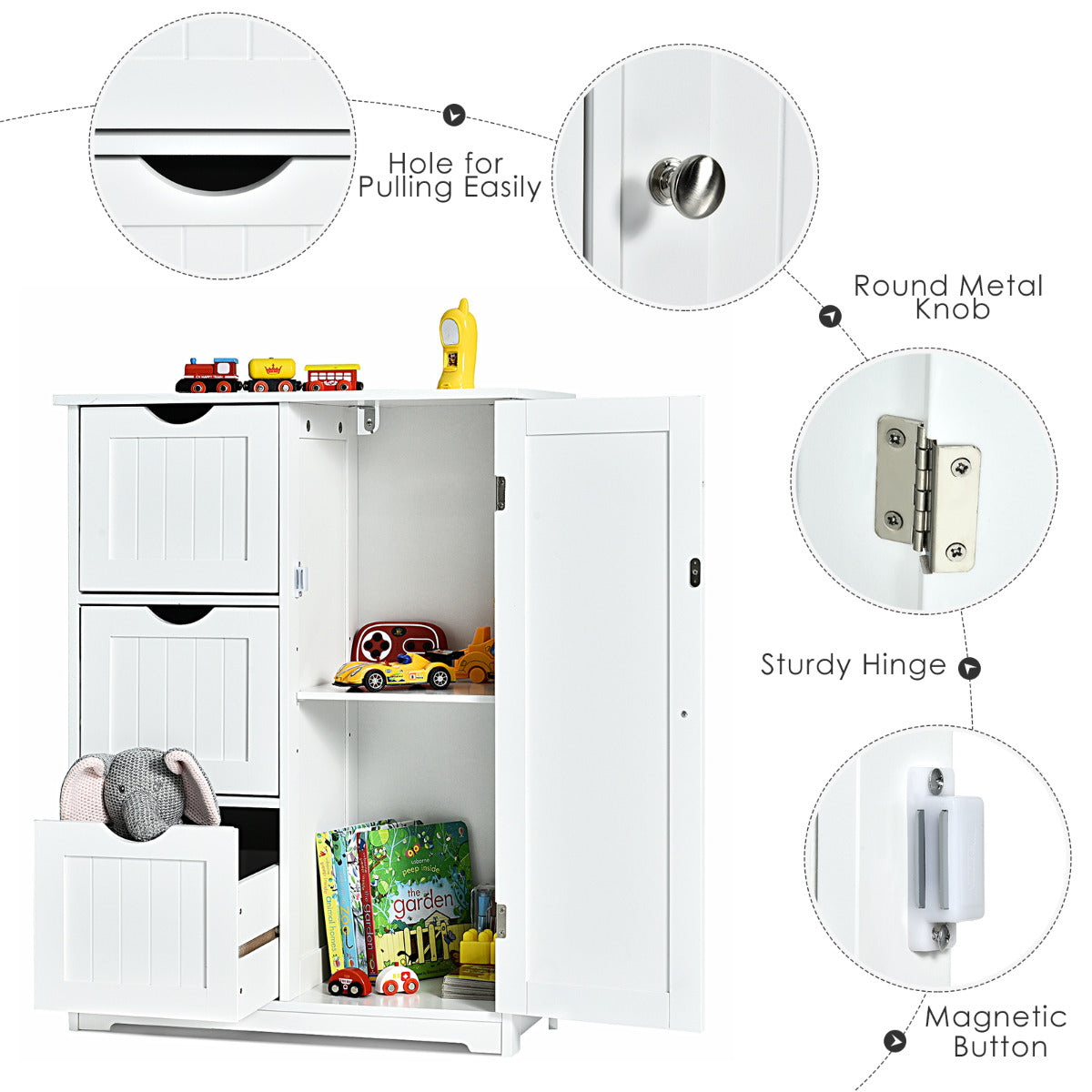 LIVSK Opbergkast met 3 Lades - Verstelbare Plank - Stevig MDF - Magnetische Sluiting - 60 x 30 x 81 cm - Wit