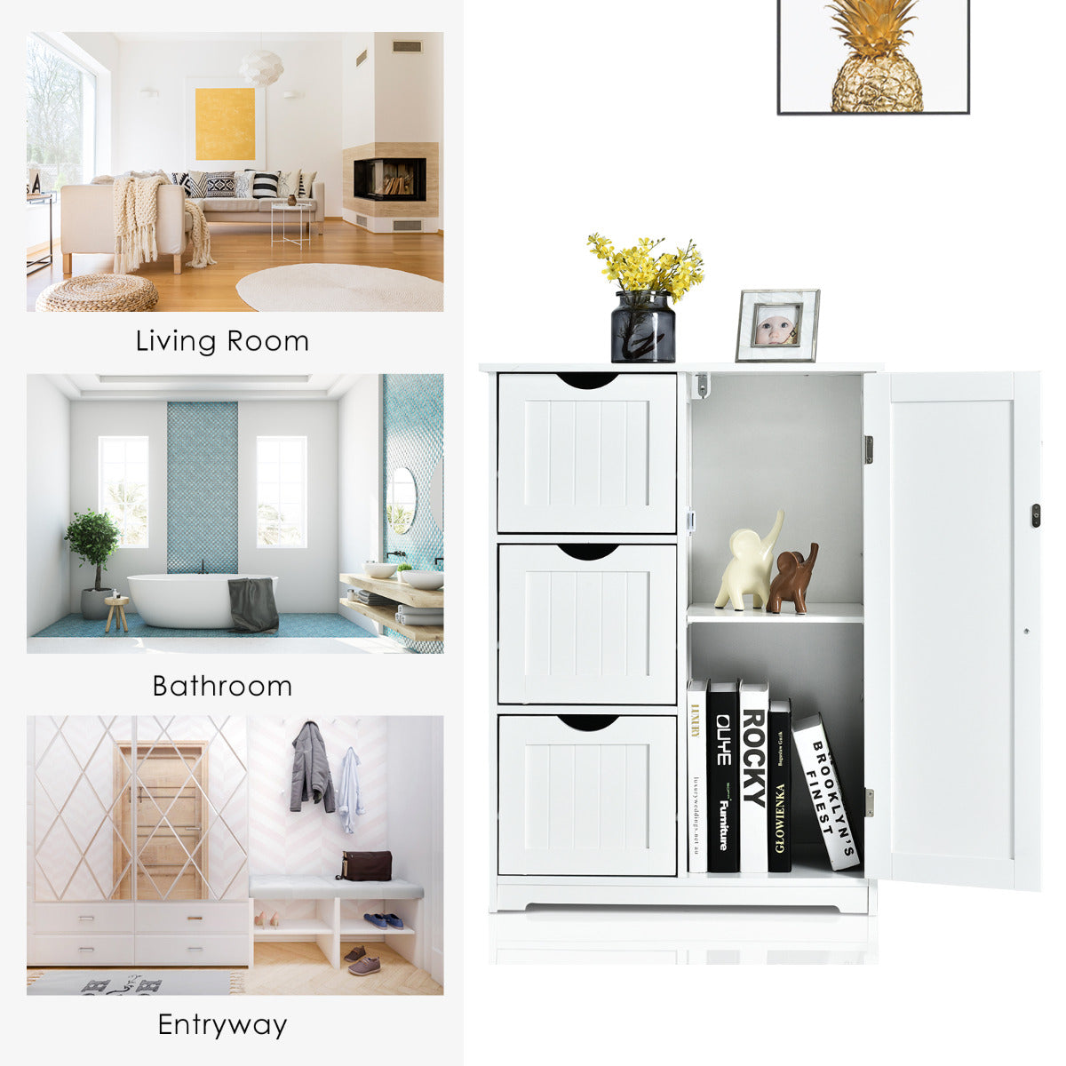 LIVSK Opbergkast met 3 Lades - Verstelbare Plank - Stevig MDF - Magnetische Sluiting - 60 x 30 x 81 cm - Wit