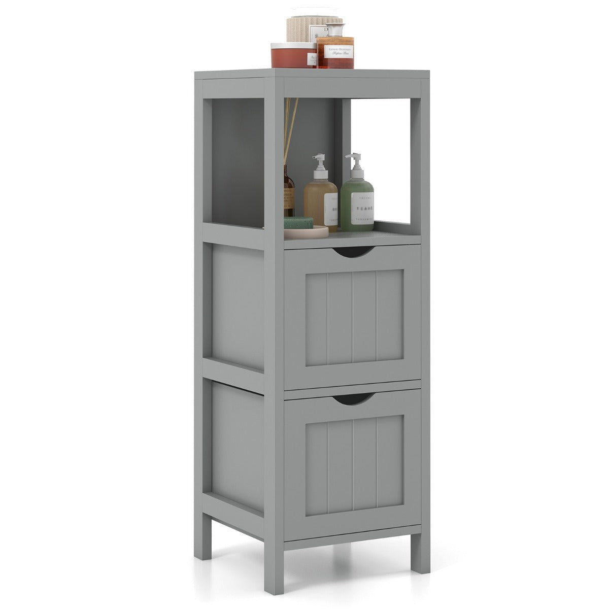 LIVSK Badkamerkast met 2 Uitneembare Laden - Open Planken - Duurzaam MDF - Compact en Veilig - 30 x 30 x 90 cm - Grijs