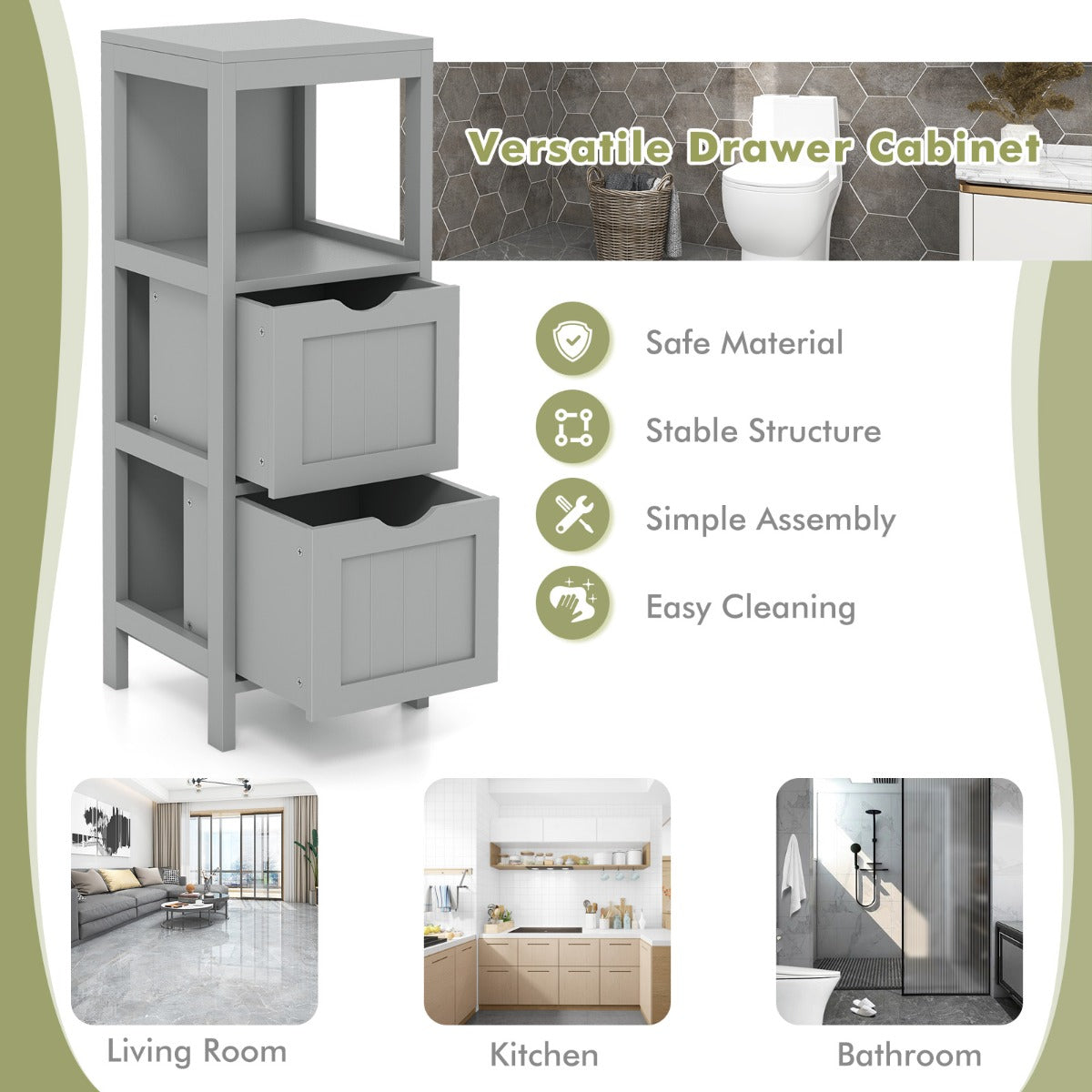 LIVSK Badkamerkast met 2 Uitneembare Laden - Open Planken - Duurzaam MDF - Compact en Veilig - 30 x 30 x 90 cm - Grijs