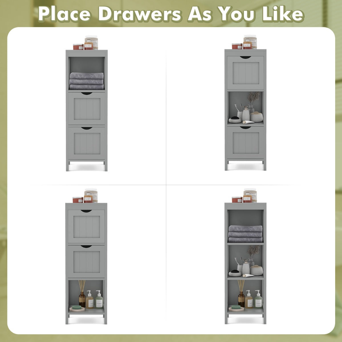 LIVSK Badkamerkast met 2 Uitneembare Laden - Open Planken - Duurzaam MDF - Compact en Veilig - 30 x 30 x 90 cm - Grijs