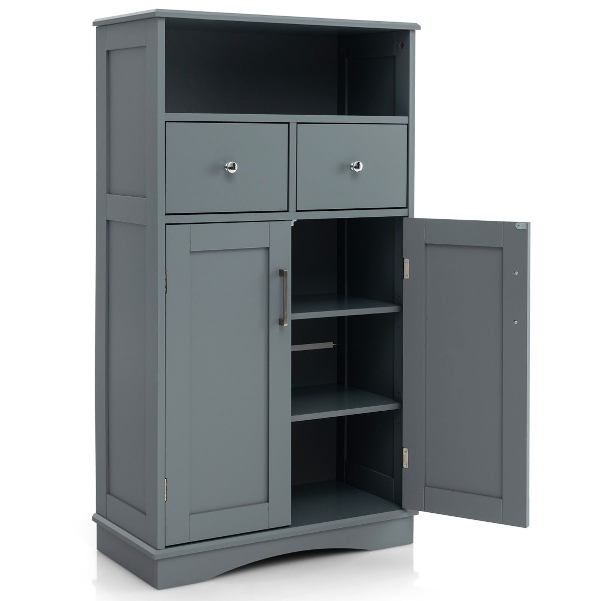 LIVSK Badkamerkast Vrijstaand - Verstelbare Planken - 2 Lades - Open Vak - Magnetische Sluiting - 60 x 30 x 108 cm - Grijs