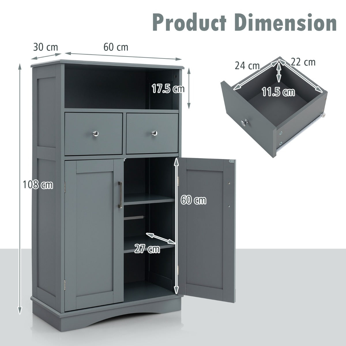 LIVSK Badkamerkast Vrijstaand - Verstelbare Planken - 2 Lades - Open Vak - Magnetische Sluiting - 60 x 30 x 108 cm - Grijs