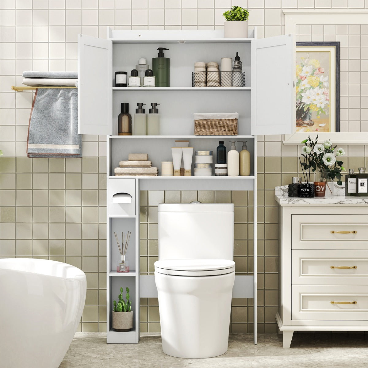 Livsk costway badkamermeubel met dubbele deuren verstelbare legplanken toiletrolhouder en kantelbeveiliging wit 6