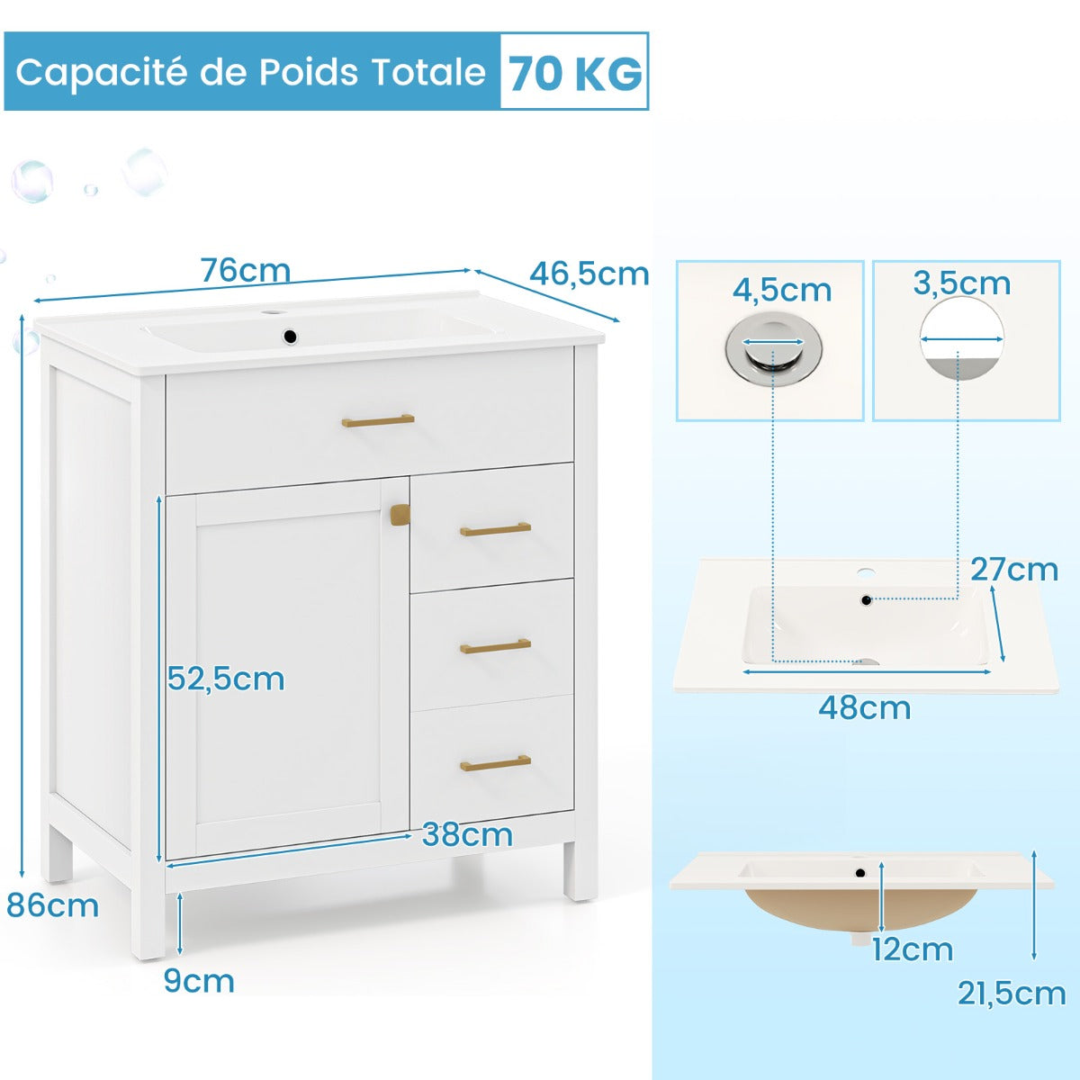 LIVSK Badkamermeubelset met Keramische Wastafel - Veel Opbergruimte - Elegante Gouden Handgrepen - Compact Design - Wit + Goud