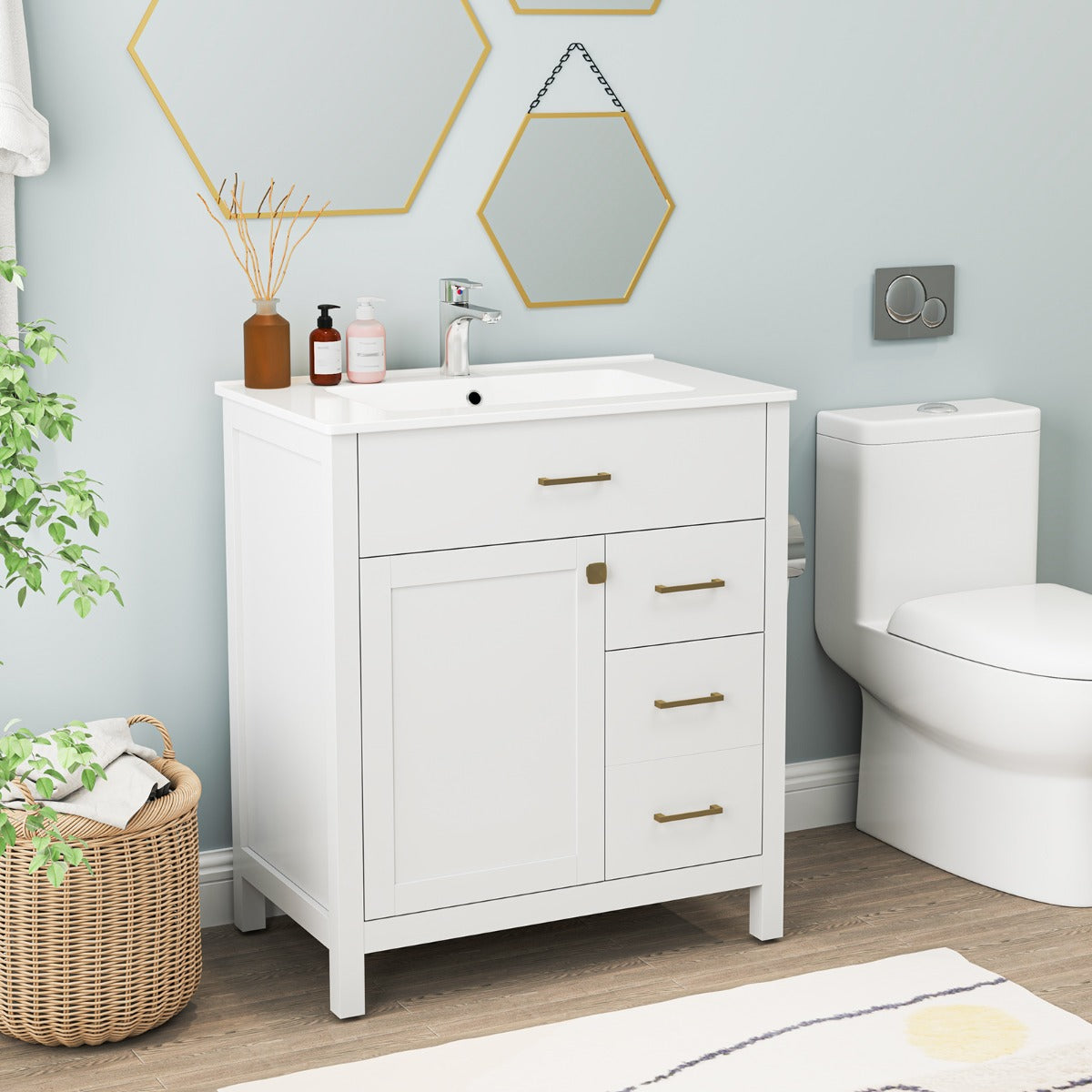 LIVSK Badkamermeubelset met Keramische Wastafel - Veel Opbergruimte - Elegante Gouden Handgrepen - Compact Design - Wit + Goud