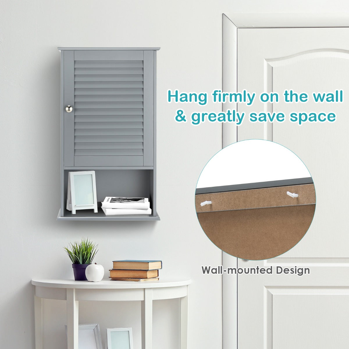 LIVSK Hangkast - Wandmontage - 1 Deur met Verstelbare Legplank - Open Schap - MDF - 42 x 17 x 70 cm - Grijs