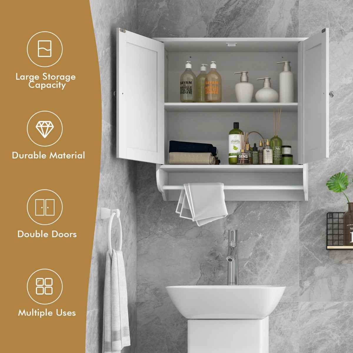 LIVSK 2-deurs wandkast - Verstelbare Plank - Handdoekhouder - Grote Opbergruimte - Modern Design - 60 x 21 x 61 cm - Wit