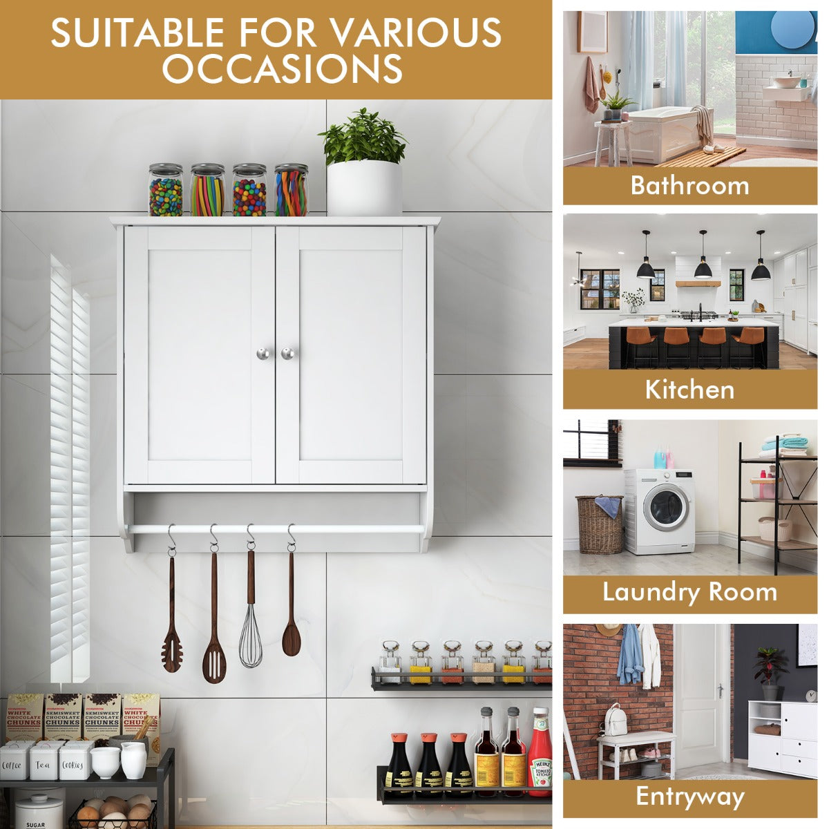 LIVSK 2-deurs wandkast - Verstelbare Plank - Handdoekhouder - Grote Opbergruimte - Modern Design - 60 x 21 x 61 cm - Wit