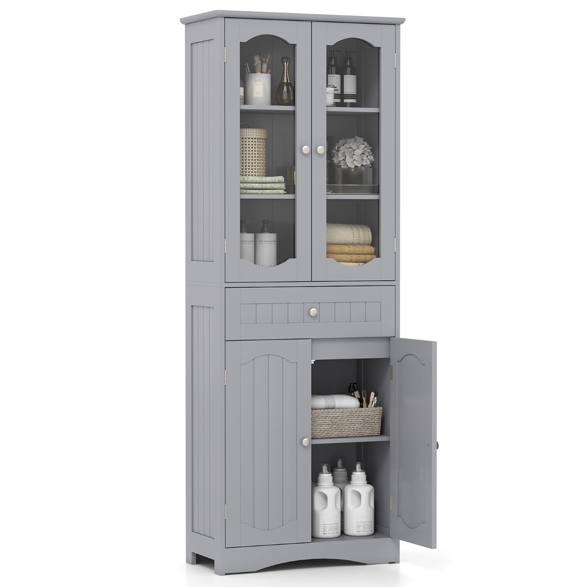 LIVSK Hoge Badkamerkast - Vrijstaand met 2 Deuren van Geharde Glas - 2 Verstelbare Planken - Grote Lade - 60 x 30 x 160 cm - Grijs