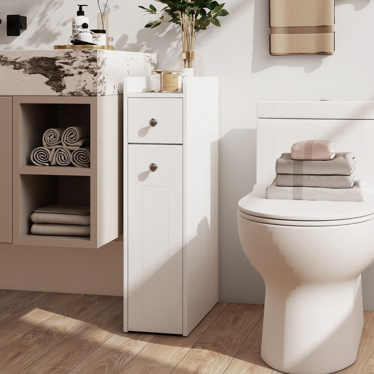 Livsk costway badkameropbergkast smalle kast met 4 niveaus voor naast het toilet met uitschuifbare lades op wieltjes wit 6