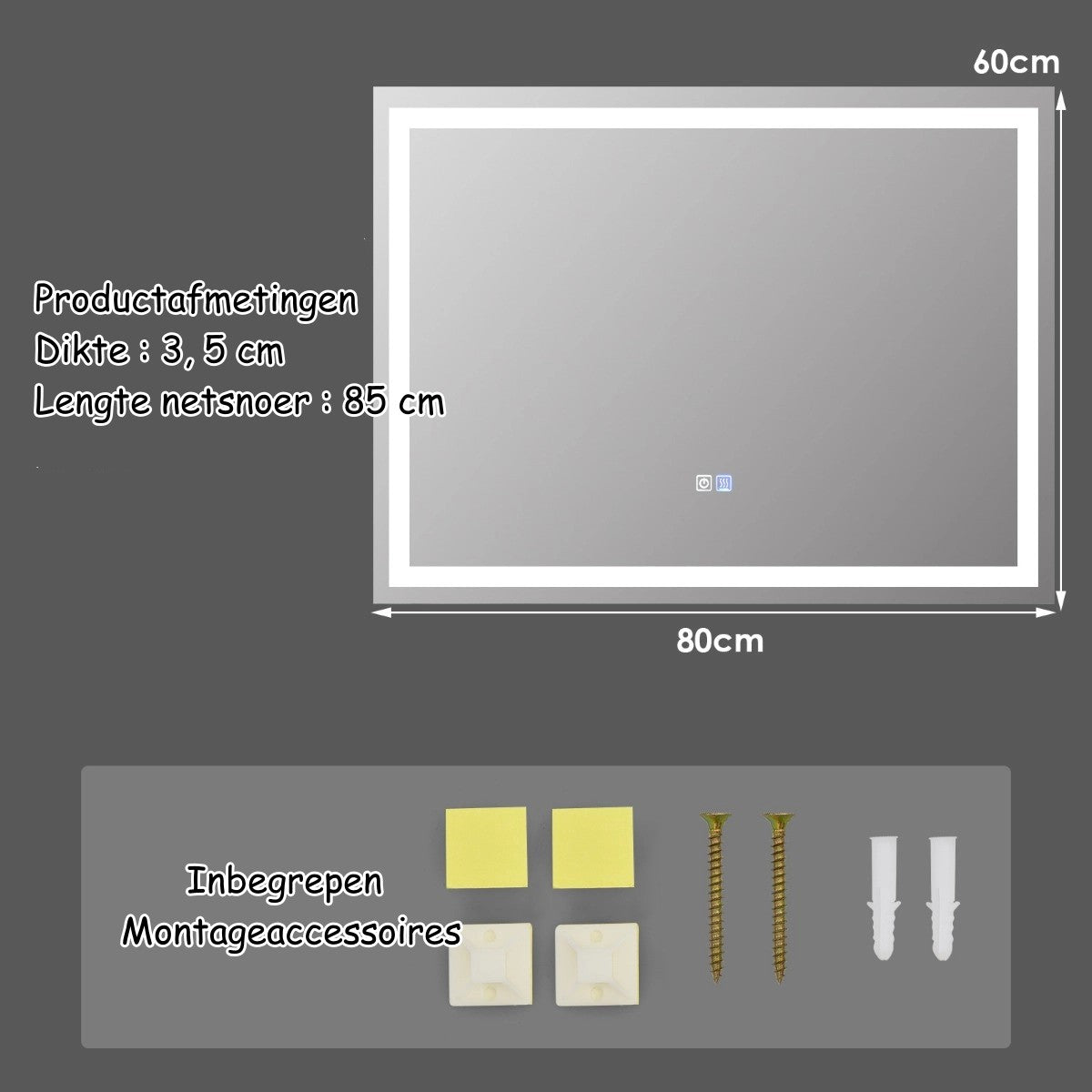 LIVSK LED Wandspiegel - 3 Kleurtemperaturen - Traploos Helderheid - Anti-Condens - IP44 Waterdicht - 80 x 60 x 3,5 cm - Zilver
