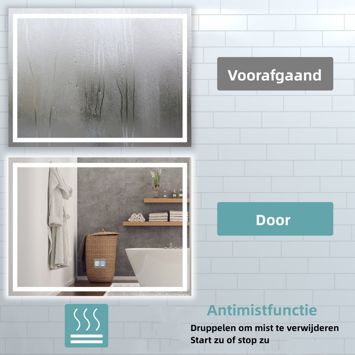 LIVSK LED Wandspiegel - 3 Kleurtemperaturen - Traploos Helderheid - Anti-Condens - IP44 Waterdicht - 80 x 60 x 3,5 cm - Zilver