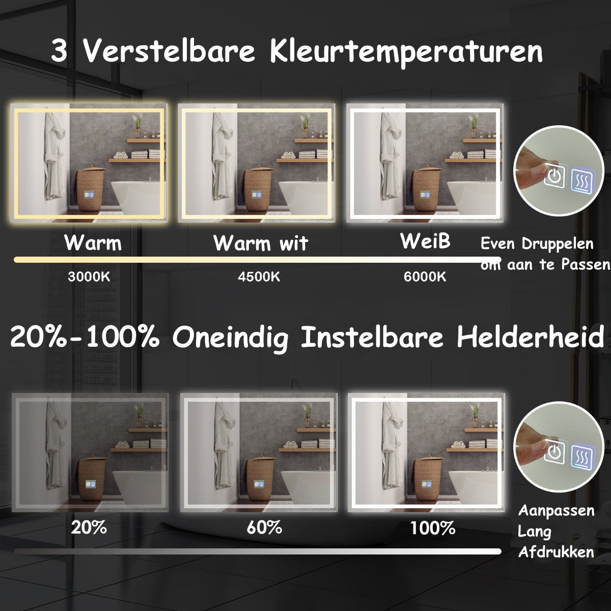 LIVSK LED Wandspiegel - 3 Kleurtemperaturen - Traploos Helderheid - Anti-Condens - IP44 Waterdicht - 80 x 60 x 3,5 cm - Zilver