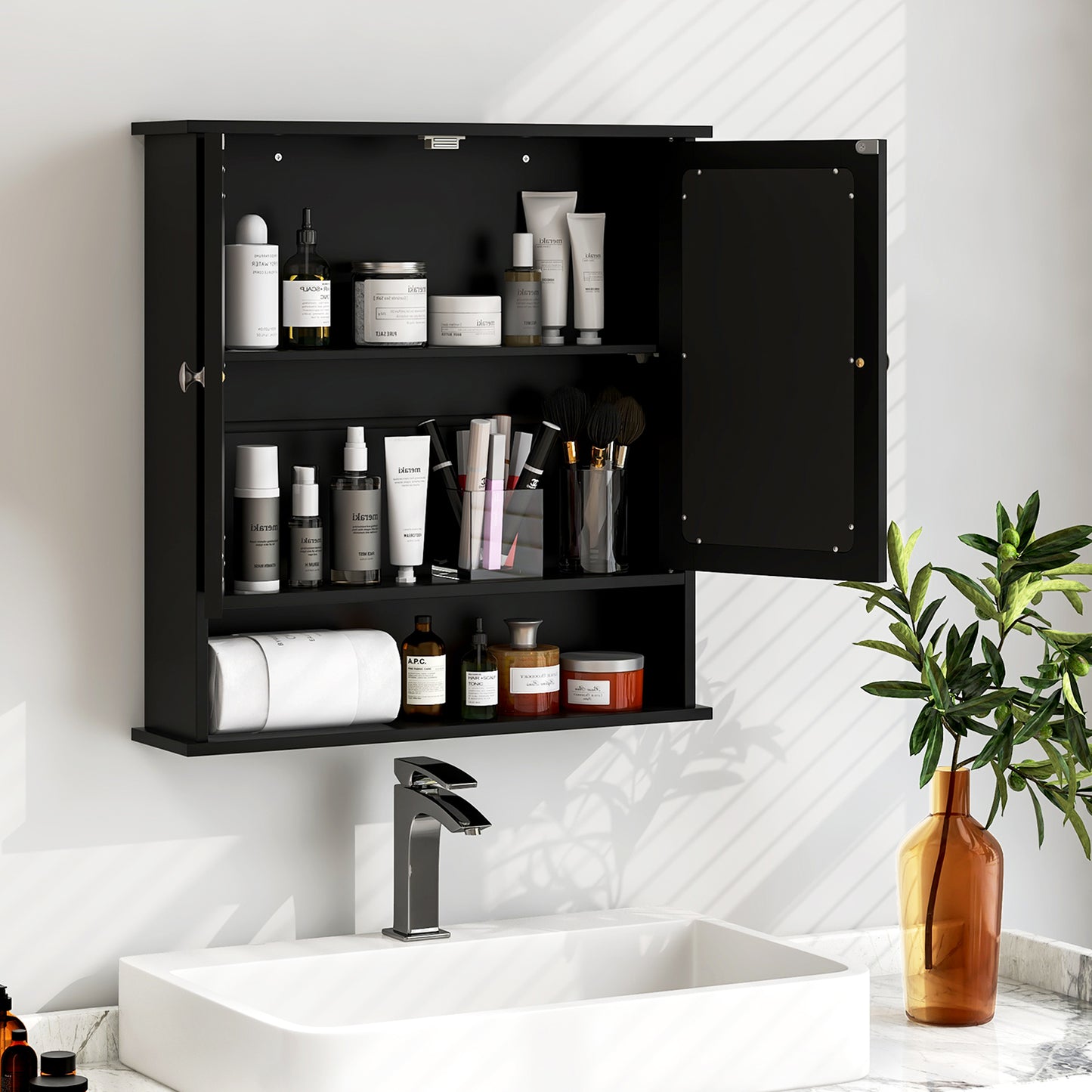 LIVSK Badkamerkast met Spiegel - Verstelbare Plank - Modern en Duurzaam - Eenvoudig te Monteren - 56,5 x 13,5 x 58,5 cm - Zwart