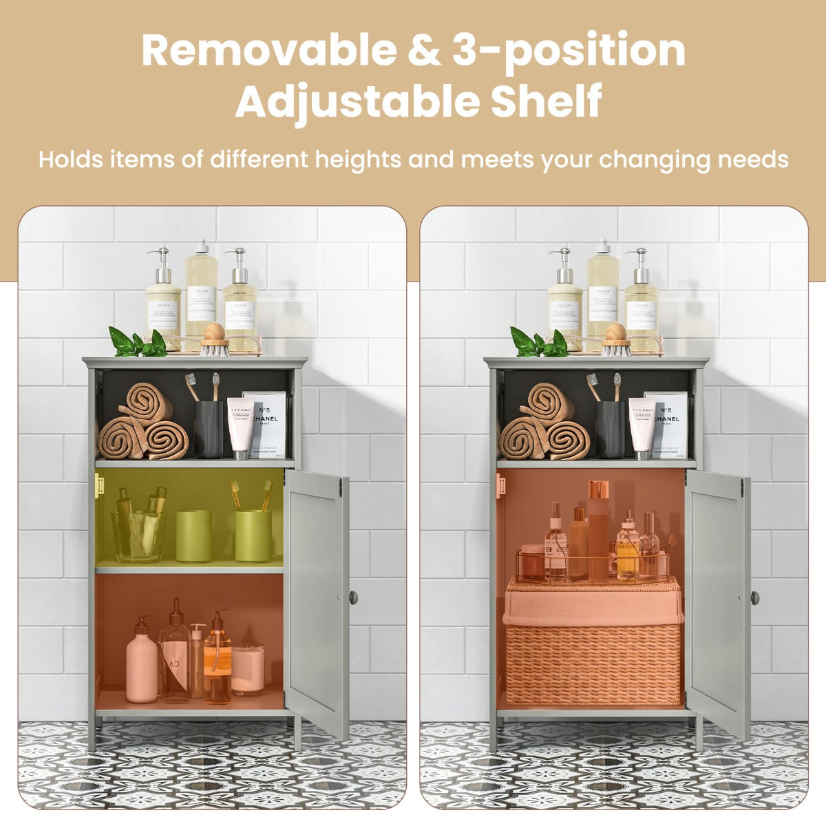 LIVSK Moderne Vloerkast - 3 Verstelbare Planken - Elegant Design - MDF - Voor Badkamer, Keuken, Woonkamer - Grijs