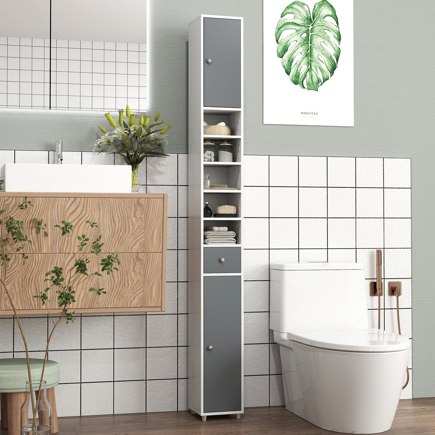 LIVSK Badkamerkast Smal - 2 Deuren - 5 Verstelbare Planken - Lade - Kantelbeveiliging - 20 x 20 x 180 cm - Wit + Grijs