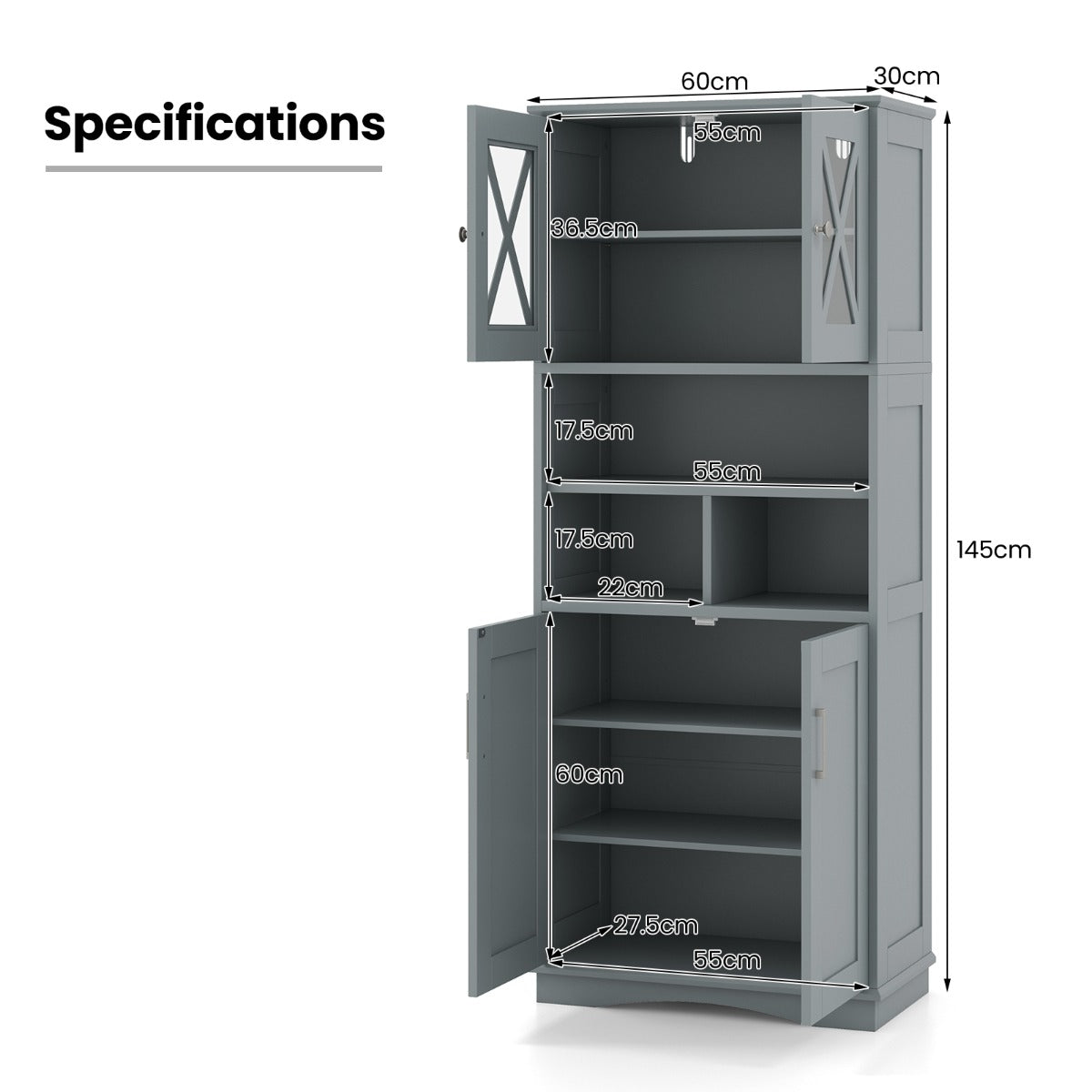 LIVSK Badkamerkast met Verstelbare Planken - Hoogwaardig MDF - Modern Design - Veilig voor Kinderen - 60 x 30 x 145 cm - Grijs