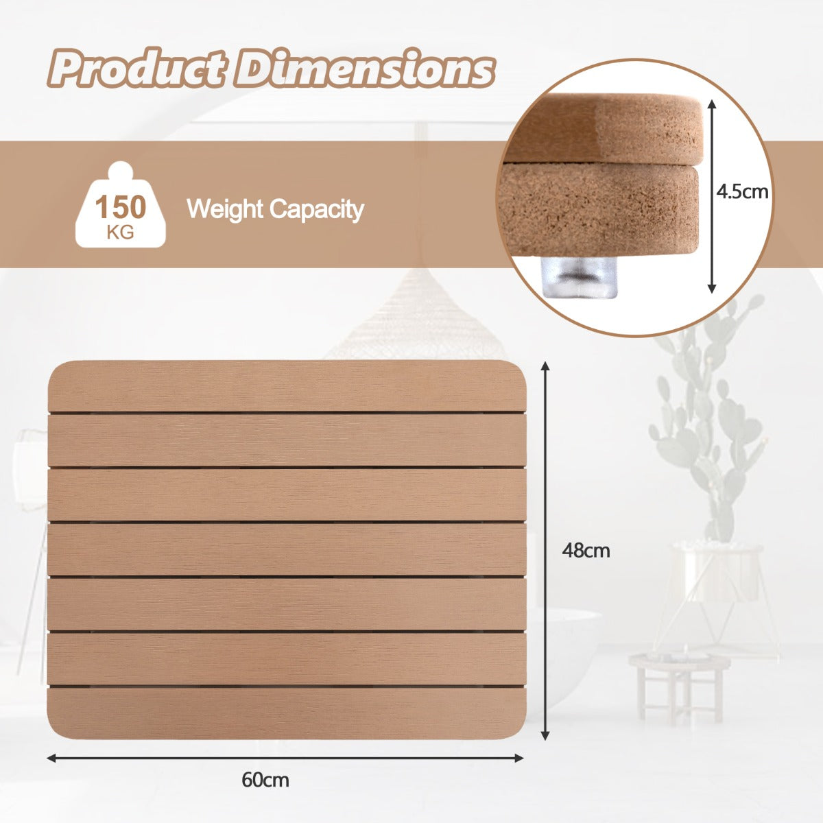 LIVSK Waterdichte Douchemat van HIPS - Antislip met Roestvrijstalen Schroeven - Voor Binnen en Buiten - 60 x 48 x 4,5 cm -