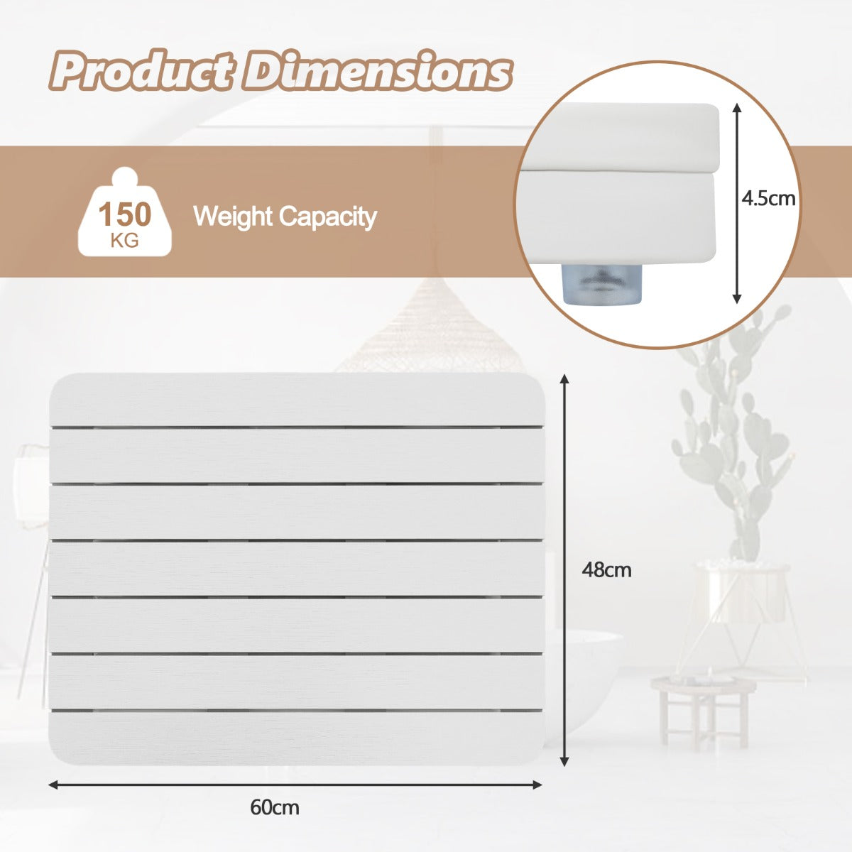 LIVSK Bad- en Douchemat van HIPS - Waterdicht en Antislip - Voor Binnen en Buiten - Tot 150 kg - 60 x 48 x 4,5 cm - Bruin/Wit