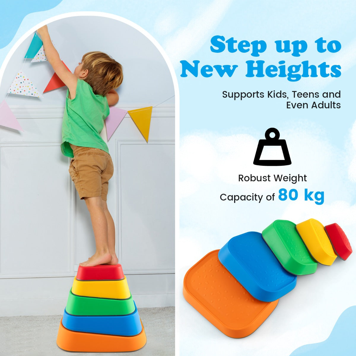 LIVSK Stapelbare Stapsteenset voor Kinderen - 5 Kleuren - Antislip - Veilig en Duurzaam - Tot 80 kg - Meerkleurig