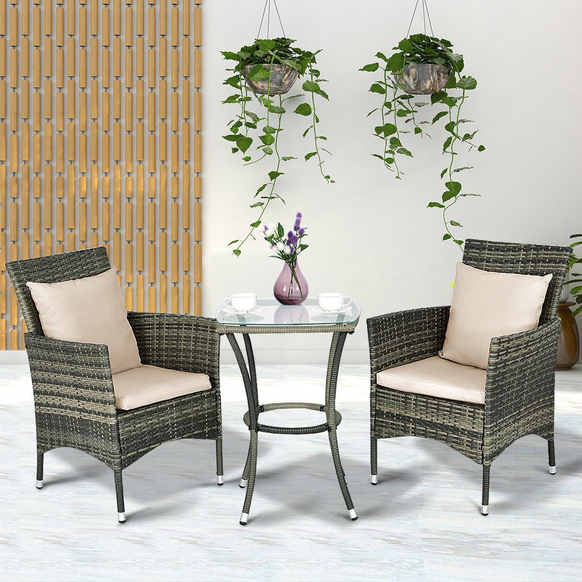 LIVSK Rieten Patio Meubelset - 2 Fauteuils en Tafel met Kussens - Ergonomisch en Weerbestendig - Mix Grijs - Beige