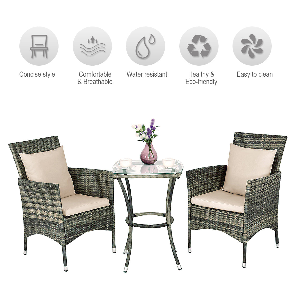 LIVSK Rieten Patio Meubelset - 2 Fauteuils en Tafel met Kussens - Ergonomisch en Weerbestendig - Mix Grijs - Beige