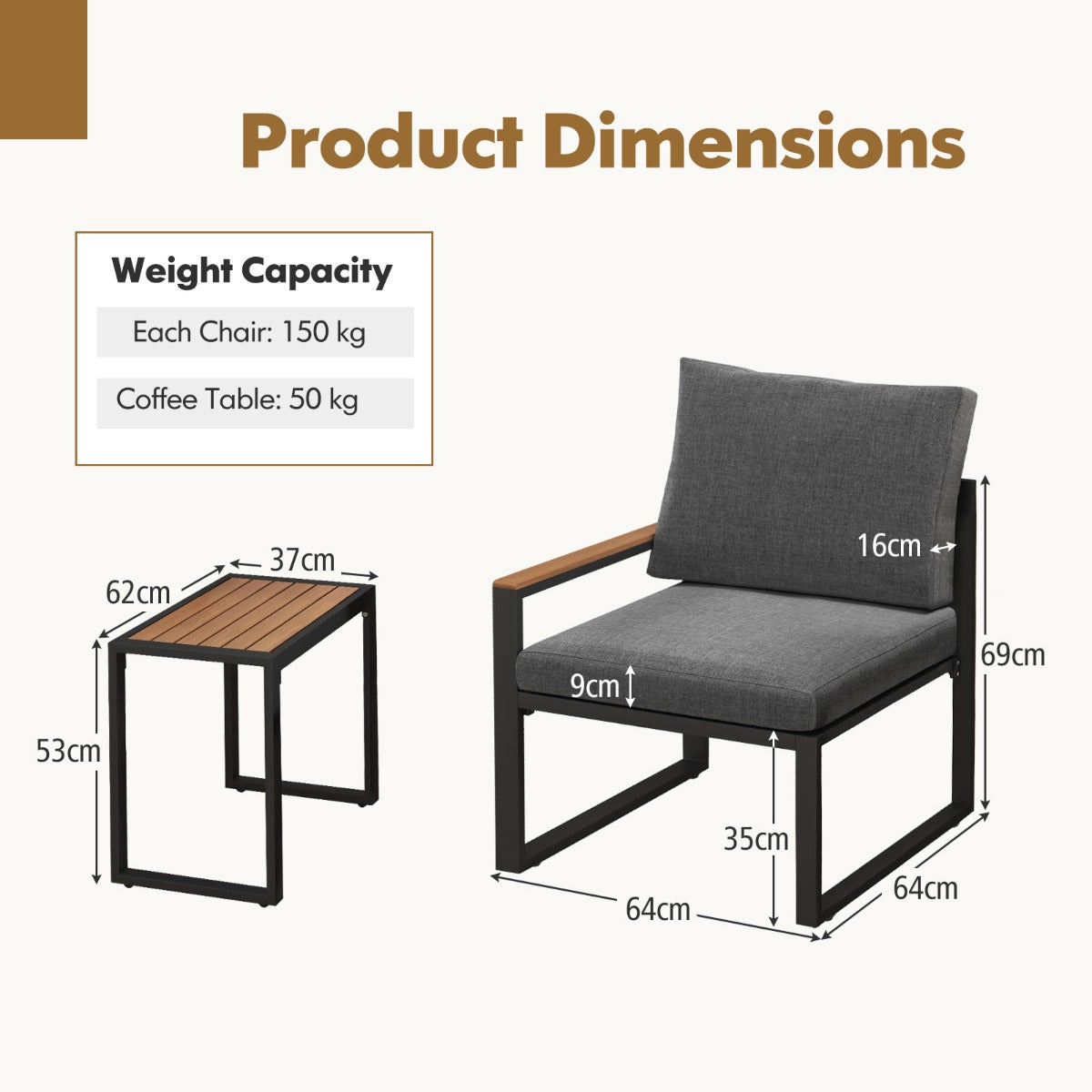 Livsk costway balkonmeubel weerbestendige tuinmeubelset met aluminium frame en zachte kussens balkonset met 2 stoelen en tafel terrasmeubels 2